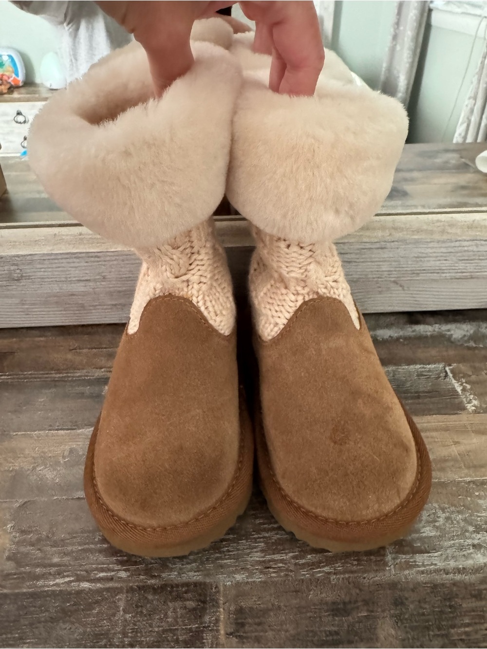 UGG Chestnut Suede Shearling Cuff Knit Ankle Booties